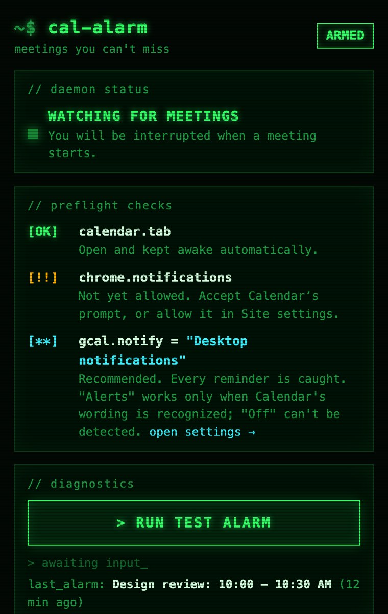 Calendar Alarm toolbar popup showing daemon status, preflight checks, and a Run test alarm button