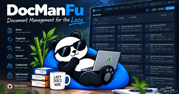 DocManFu social card: a relaxed panda in sunglasses with a laptop beside the document dashboard