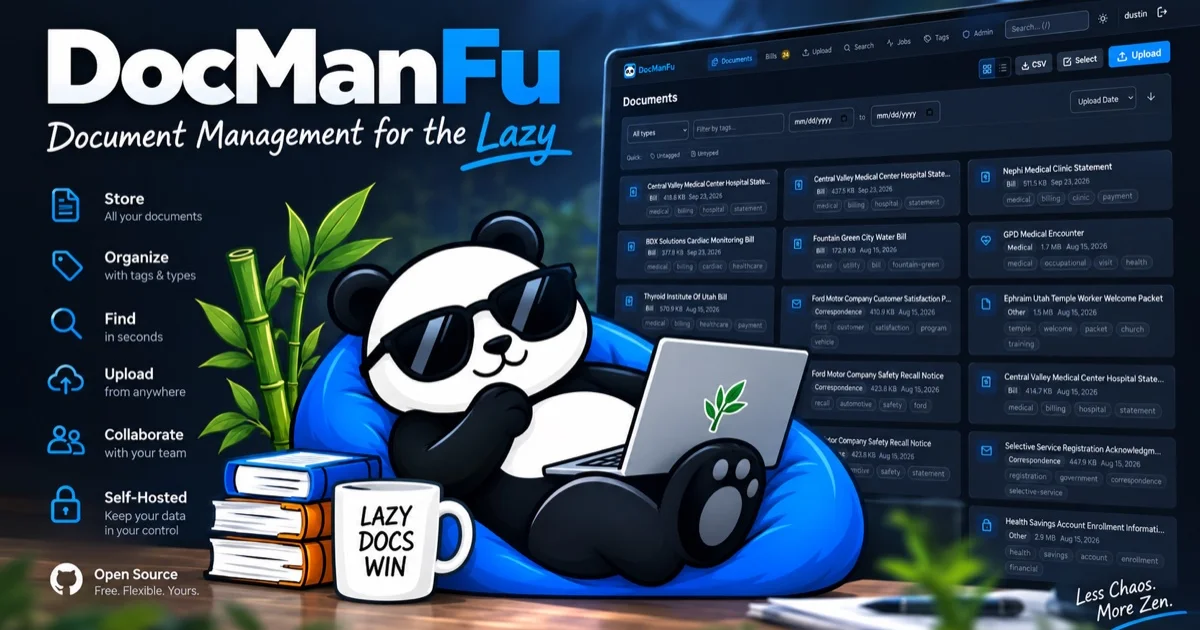 DocManFu social card: a relaxed panda in sunglasses with a laptop beside the document dashboard