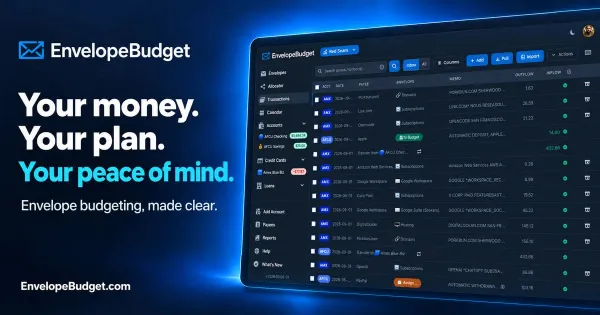 EnvelopeBudget social card: Your money. Your plan. Your peace of mind. beside the transactions screen