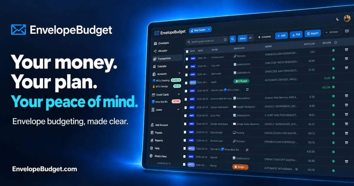 EnvelopeBudget social card: Your money. Your plan. Your peace of mind. beside the transactions screen