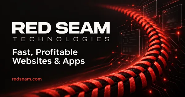 Red Seam Technologies social card: Fast, Profitable Websites & Apps beside glowing red baseball stitching