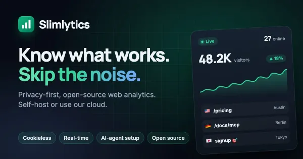 Slimlytics social card: Know what works. Skip the noise. beside a live visitor dashboard