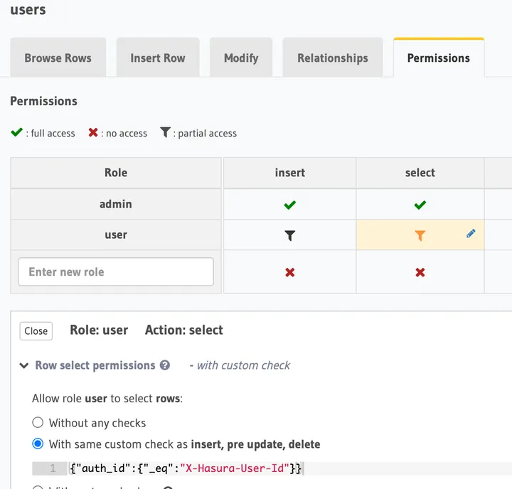 screenshot of user permission in hasura